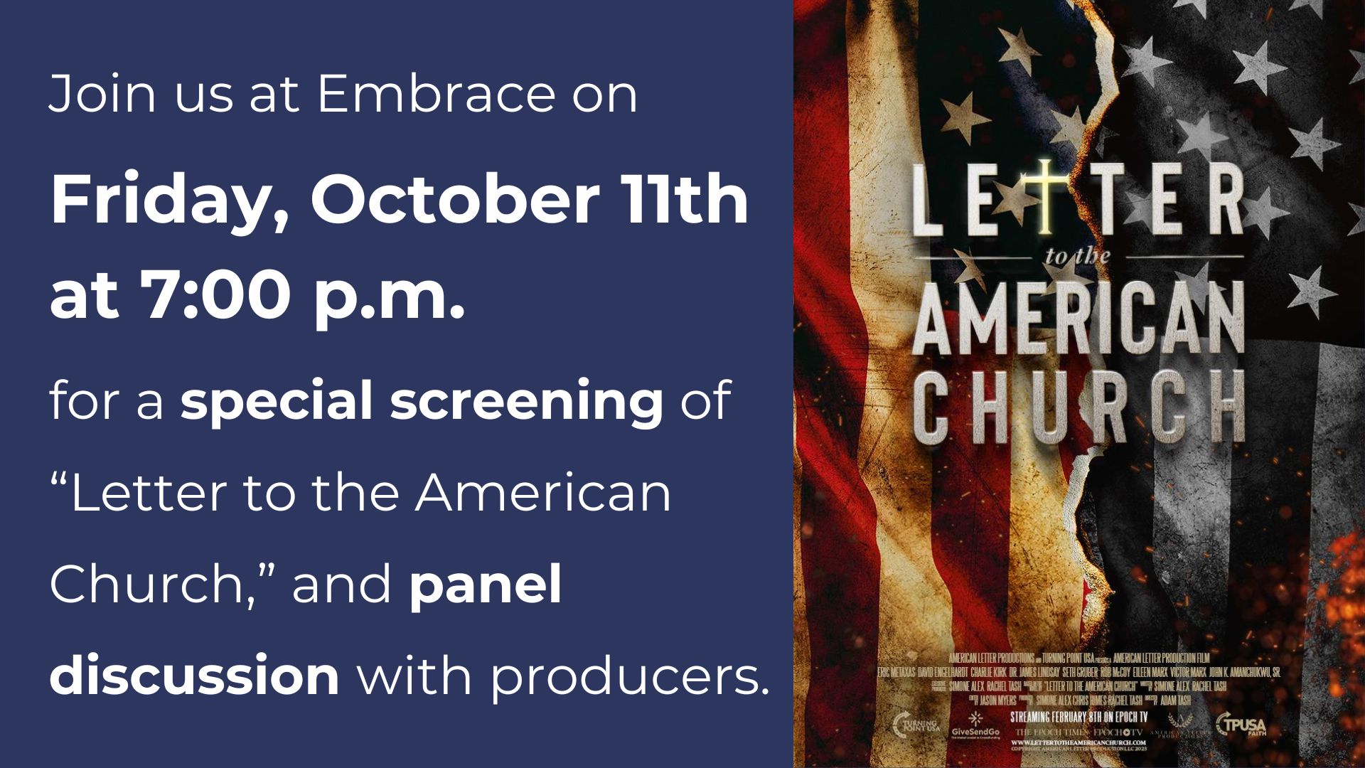 Movie Night “Letter to the American Church” October 11th 7pm